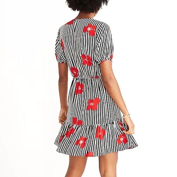 Madewell - Mini Ruffle Wrap Dress, Striped Floral - Size 00, Black, White, Red - Picture 3 of 16